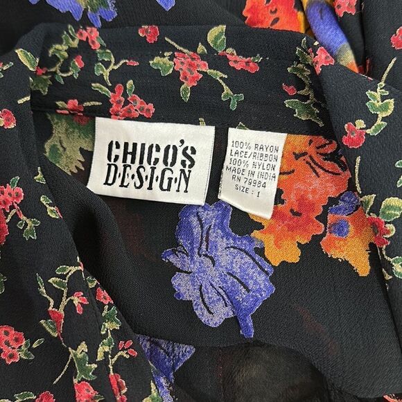 Chico’s Design Colorful Floral Print Button Snap Closure Blouse Size M - Picture 6 of 10